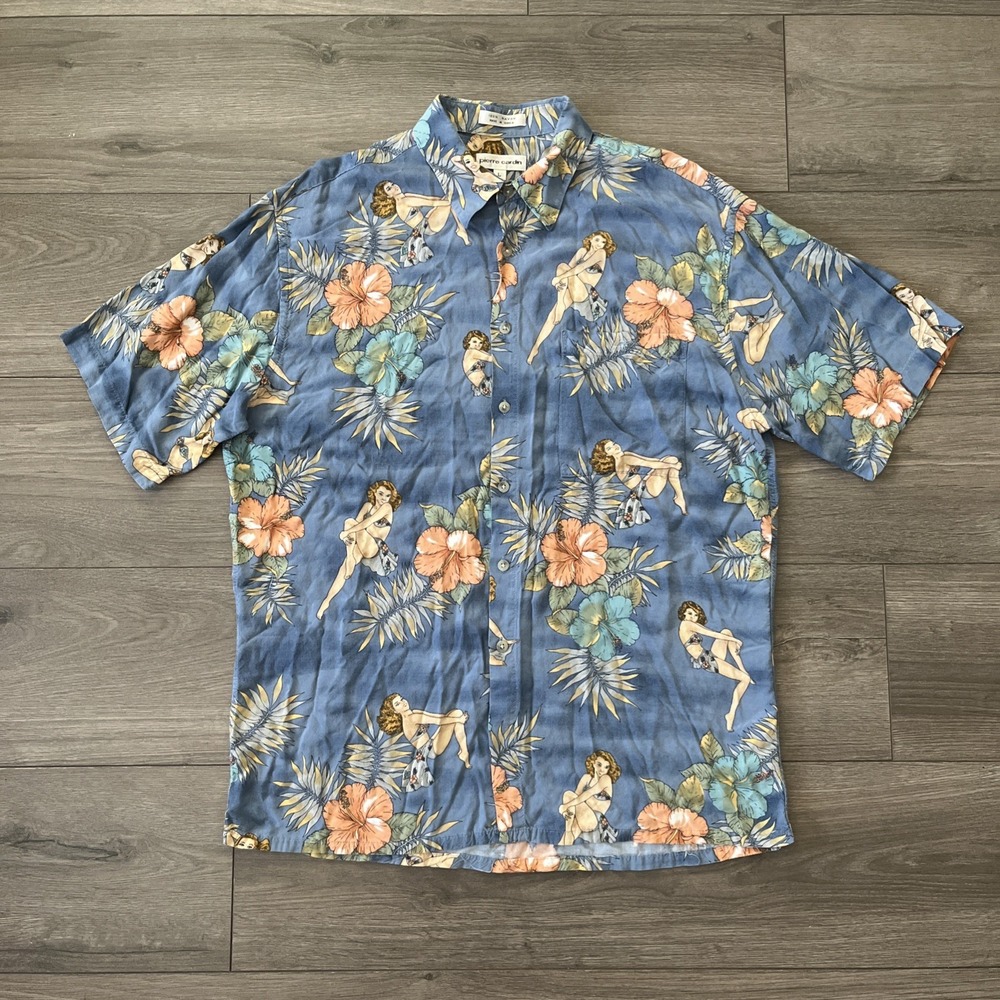 VTG Pierre Cardin Mens L Multicolor Hawaiian Shirt Woman Floral Short Sleeve